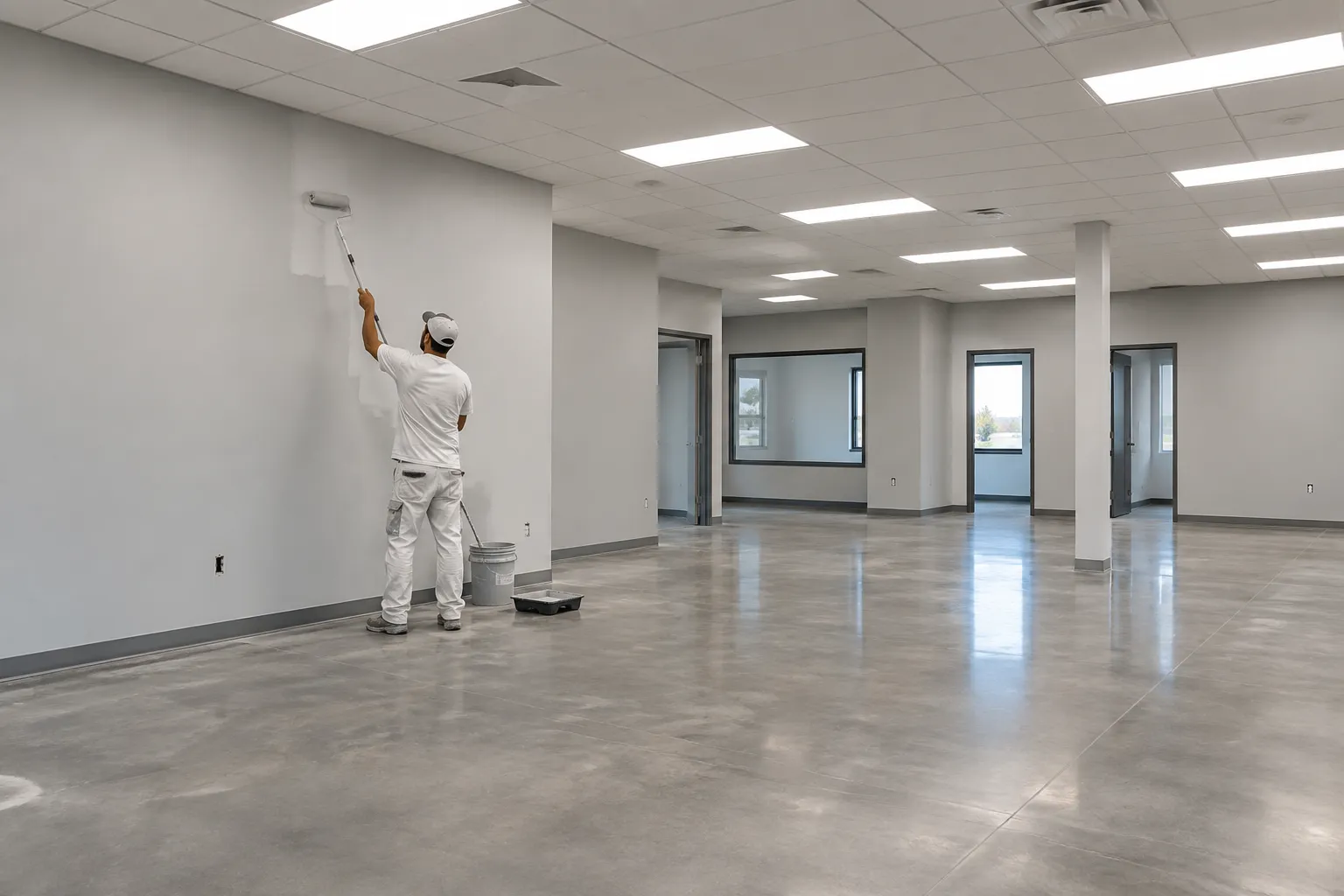 Painter rolling light gray paint in a large commercial office interior