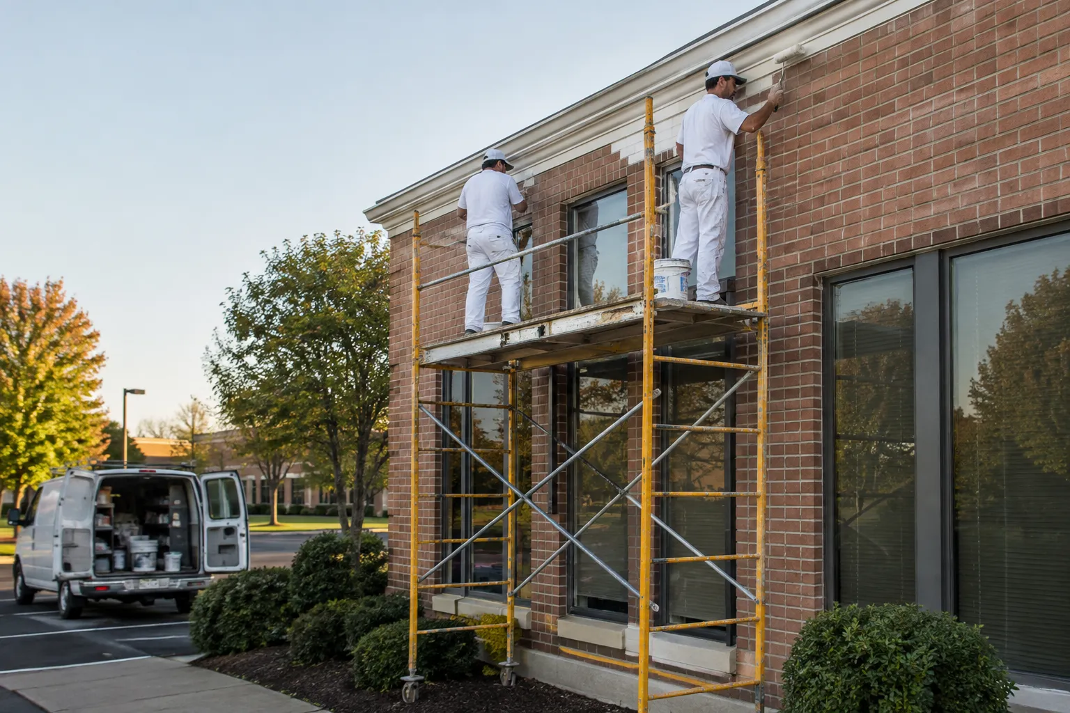 Commercial painters on scaffolding painting a brick office building