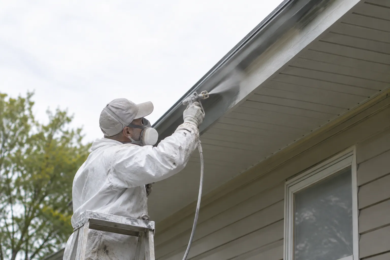 Painter spraying soffit and fascia on a home exterior in Eastern Iowa