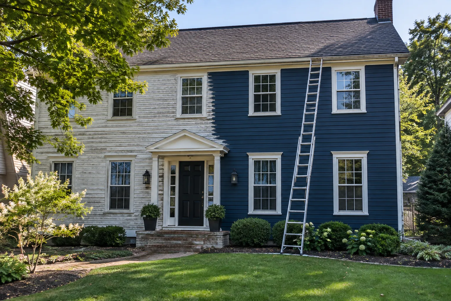 Exterior painting in progress on a navy blue and white two-story house