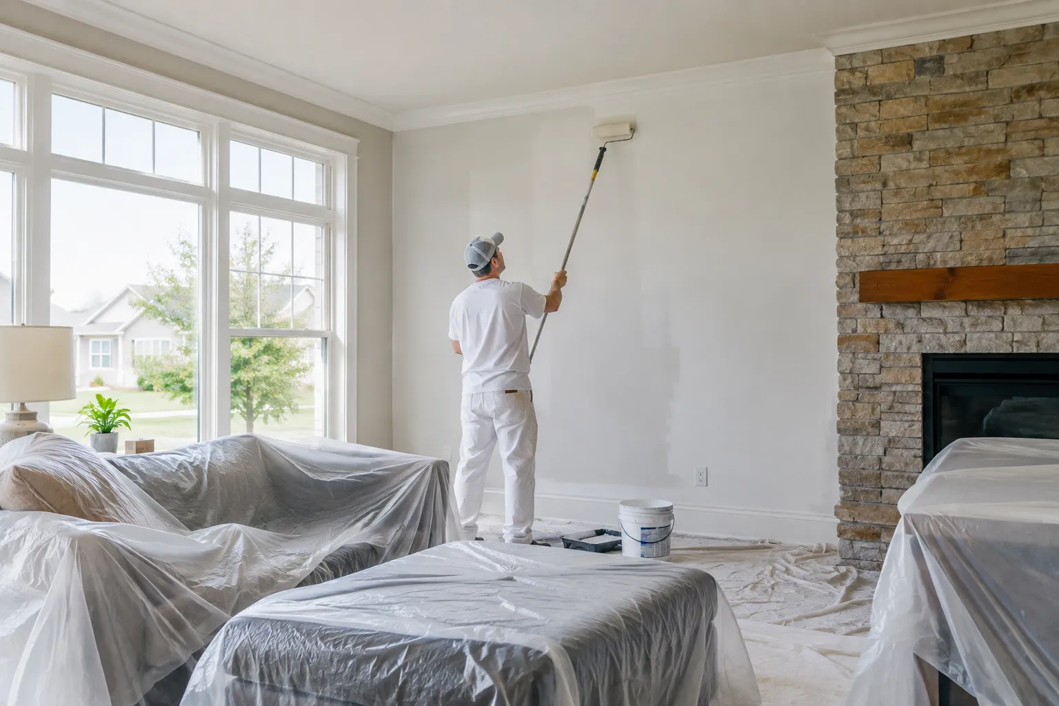Interior painting of a living room in Cedar Rapids, IA with furniture covered
