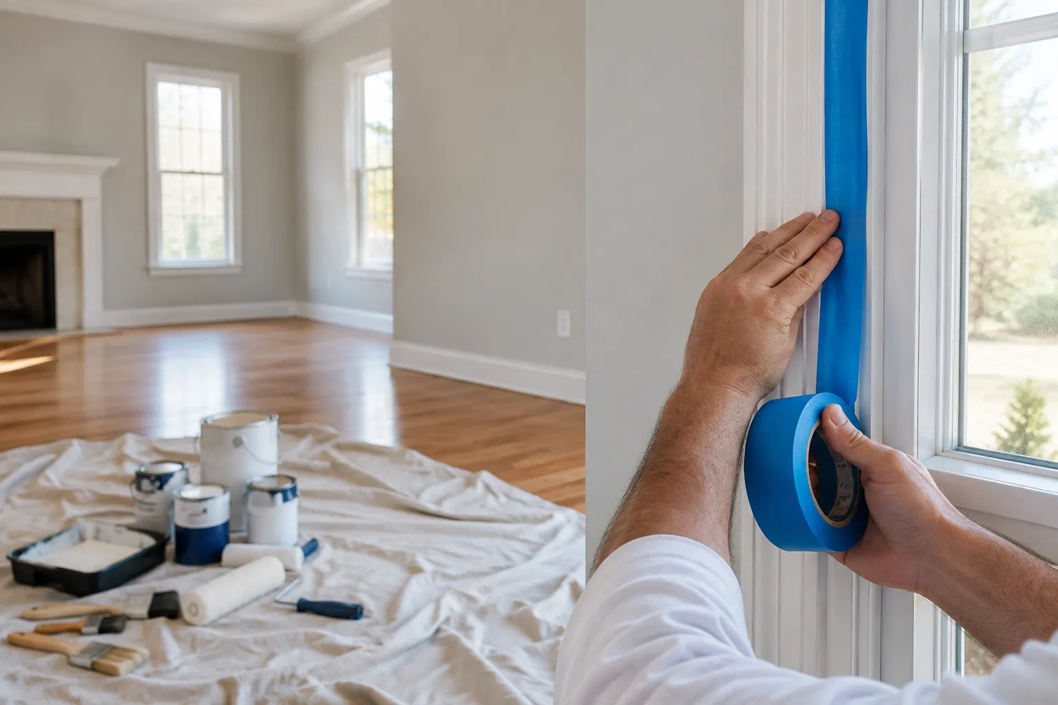 Painter taping window trim during interior painting prep in Cedar Rapids, IA