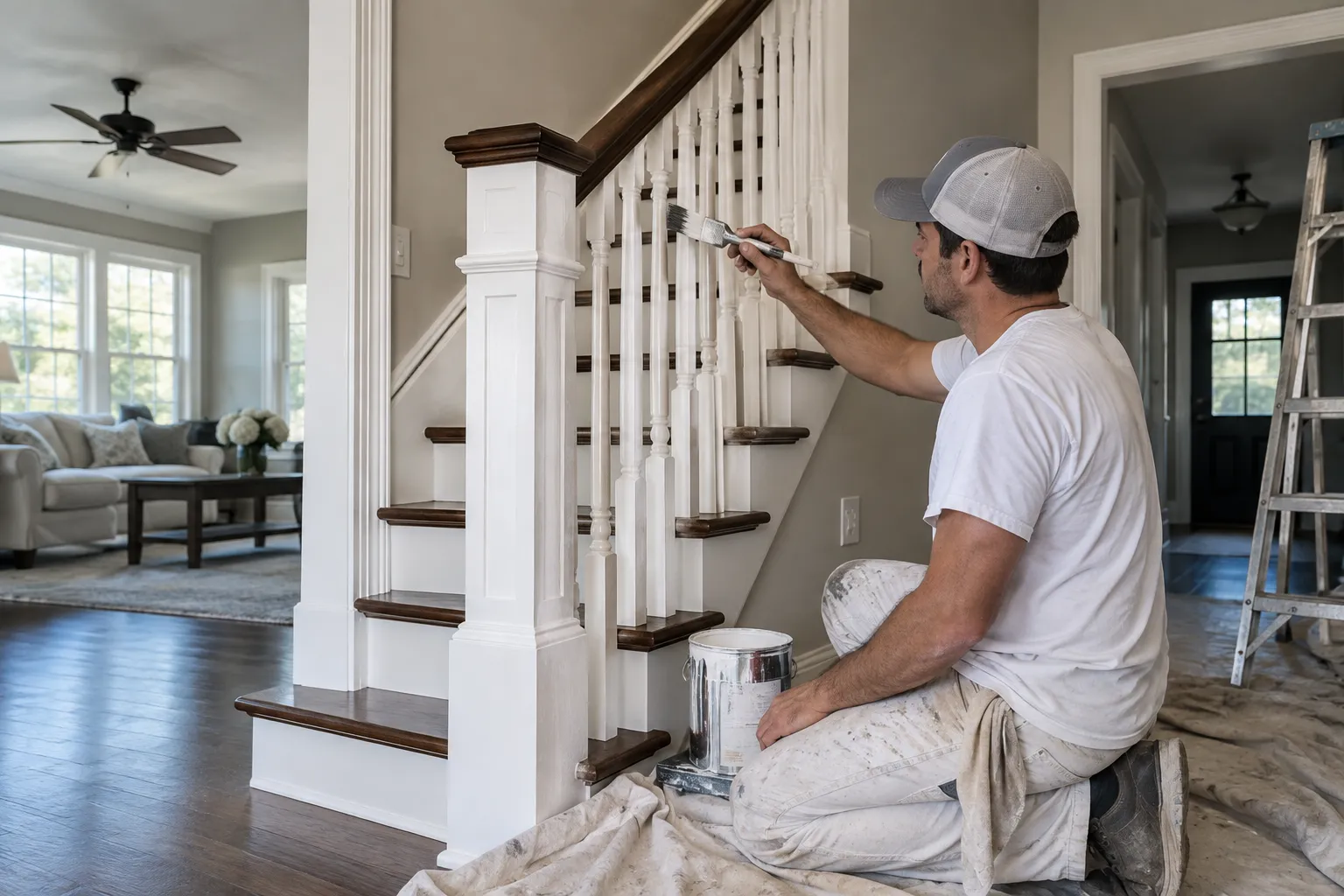 Painter finishing a staircase railing in white enamel inside a home